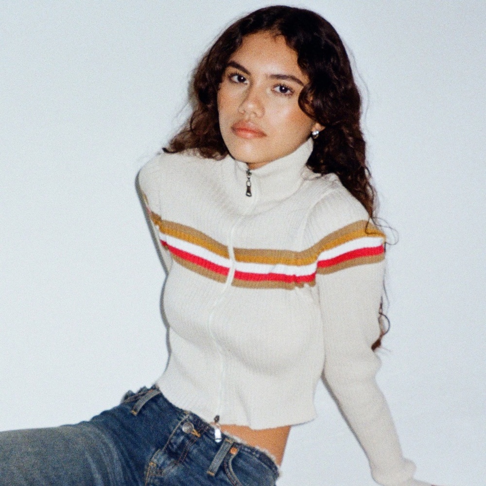 Motel Rocks Tuzifa Cropped Knit Jumper in Beige Red and Brown